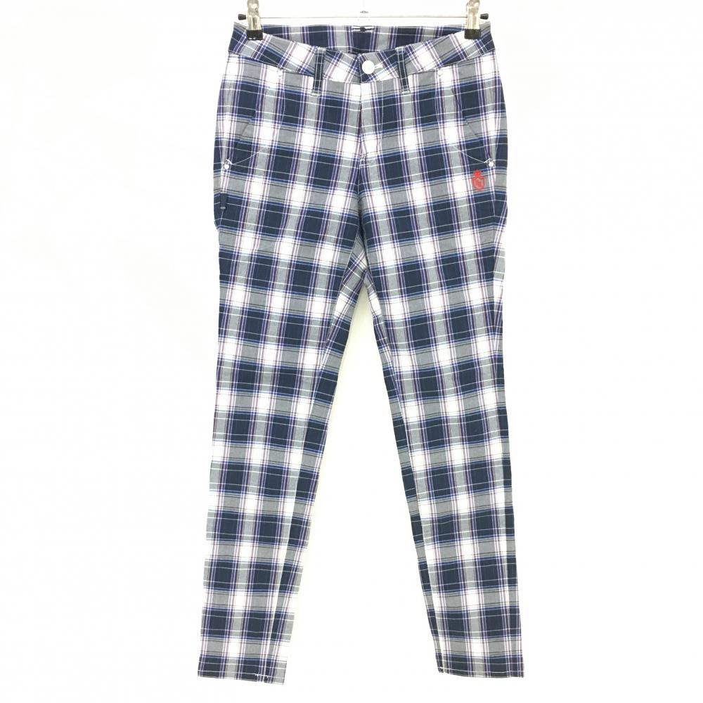 【超美品】パーリーゲイツ パンツ ネイビー×白 チェック ストレッチ レディース 1(M) ゴルフウェア PEARLY GATES