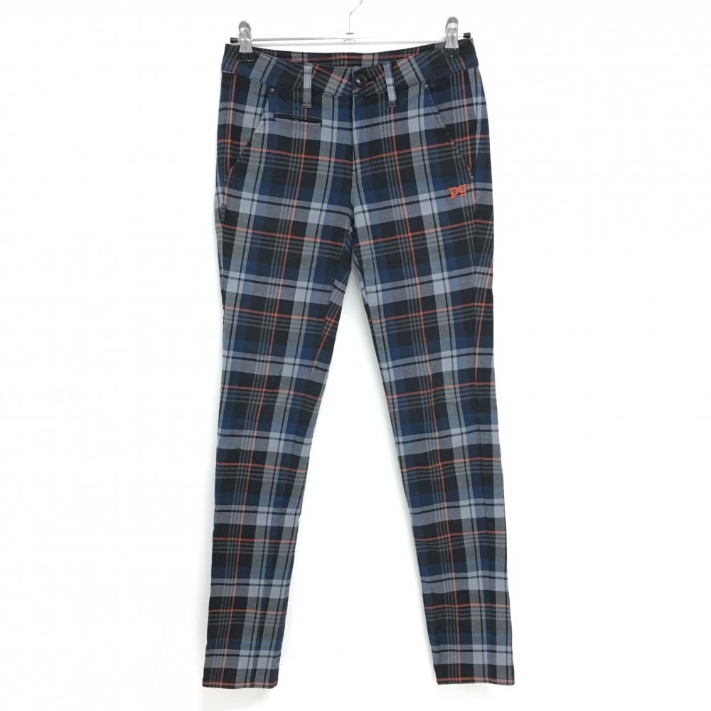 【美品】パーリーゲイツ パンツ ネイビー×黒×オレンジ チェック コットン混 レディース 0(S) ゴルフウェア PEARLY GATES