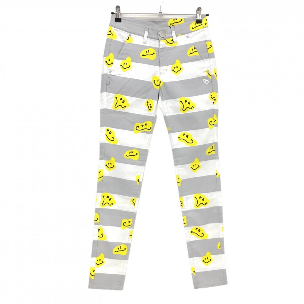 【新品】パーリーゲイツ パンツ グレー×白×イエロー ボーダー ニコちゃん スマイル レディース 0(S) ゴルフウェア PEARLY GATES