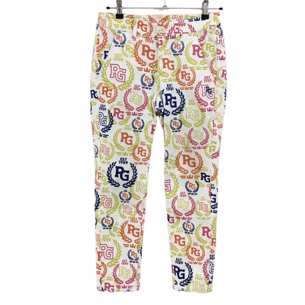パーリーゲイツ パンツ 白×マルチカラー ロゴ総柄 ストレッチ レディース 1(M) ゴルフウェア PEARLY GATES