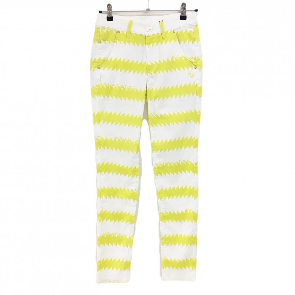 【新品】パーリーゲイツ パンツ 白×イエロー 稲妻 ギザギザボーダー ストレッチ  レディース 1(M) ゴルフウェア PEARLY GATES