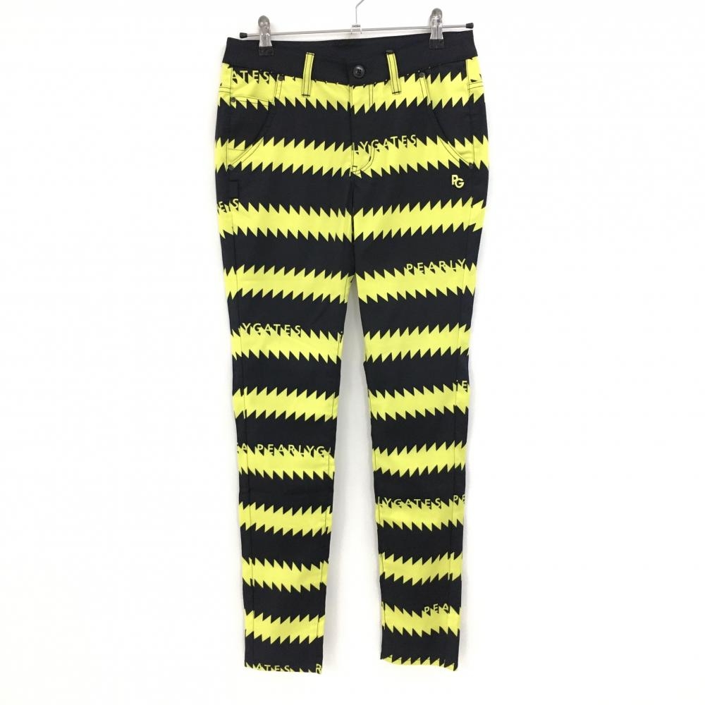 【新品】パーリーゲイツ パンツ 黒×イエロー 稲妻 ギザギザボーダー ストレッチ  レディース 1(M) ゴルフウェア PEARLY GATES