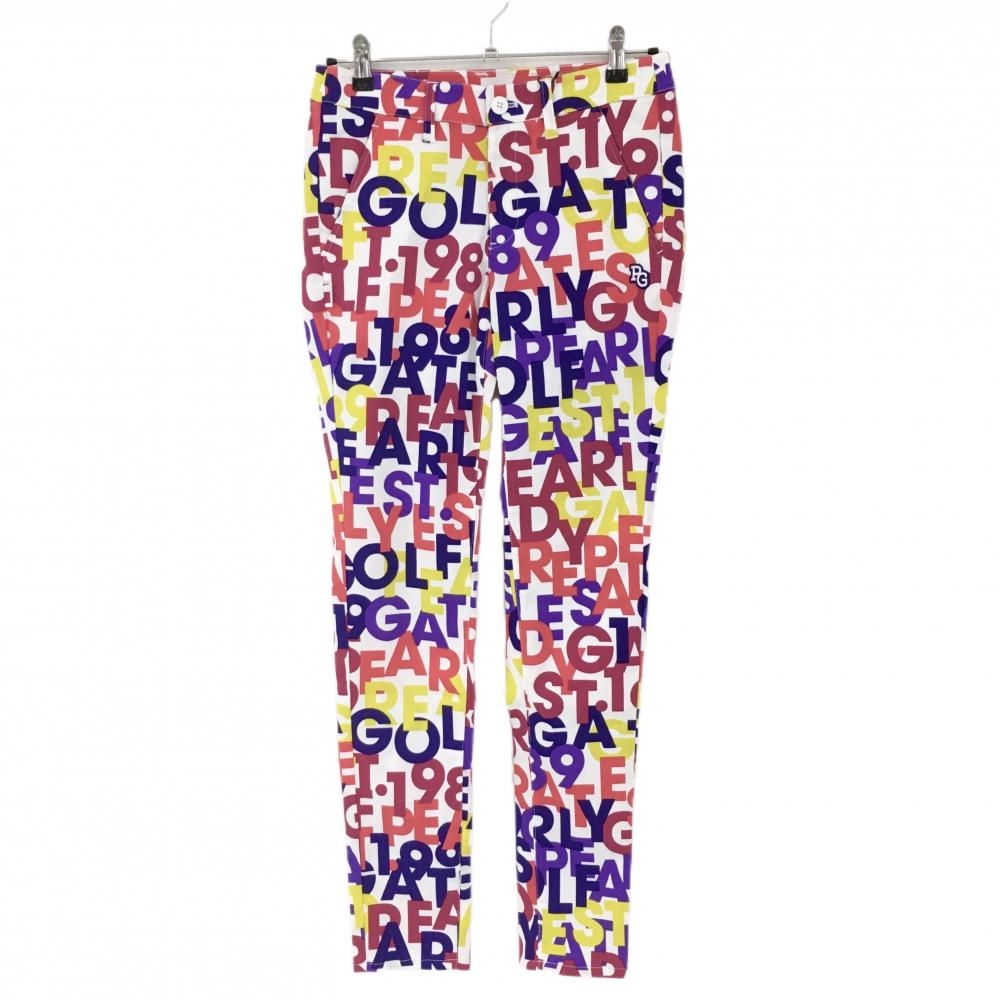 【新品】パーリーゲイツ パンツ 白×マルチカラー ロゴ総柄 プラスクール ストレッチ  レディース 1(M) ゴルフウェア PEARLY GATES