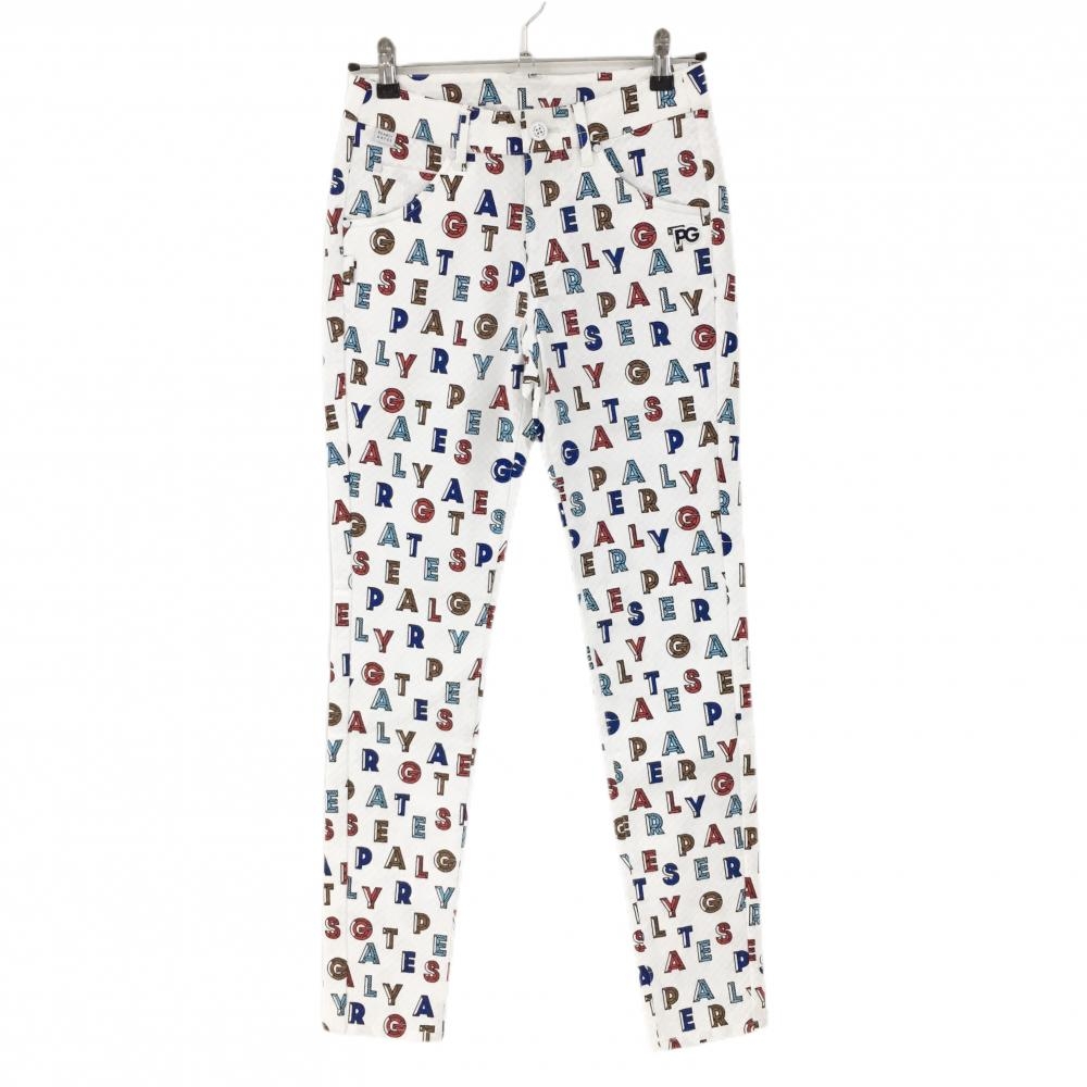 【新品】パーリーゲイツ パンツ 白×レッド×ブルー ロゴ総柄 織生地 ストレッチ  レディース 0(S) ゴルフウェア PEARLY GATES