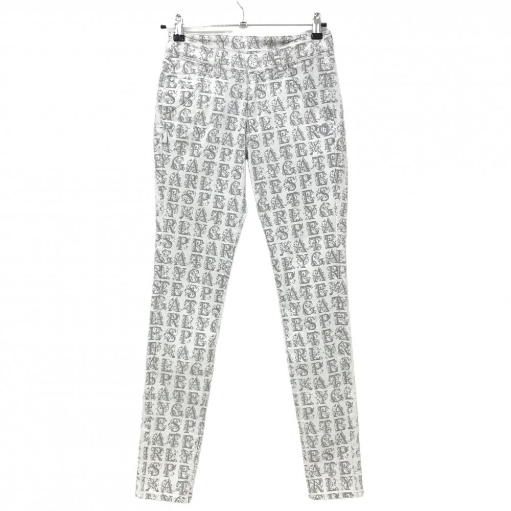 【美品】パーリーゲイツ パンツ 白×ライトグレー ロゴ英字総柄 ストレッチ レディース 0(Ｓ) ゴルフウェア PEARLY GATES