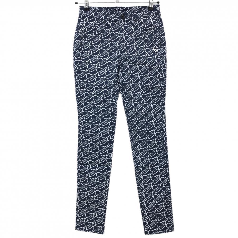 【新品】パーリーゲイツ パンツ ネイビー×白 ハートロゴ総柄 ストレッチ レディース 00(XS) ゴルフウェア PEARLY GATES