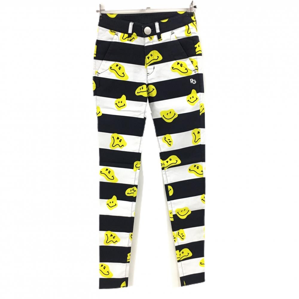 【新品】パーリーゲイツ パンツ 白×ネイビー×イエロー TOKE NIKO ボーダー ロゴ刺しゅう レディース 00(XS) ゴルフウェア PEARLY GATES