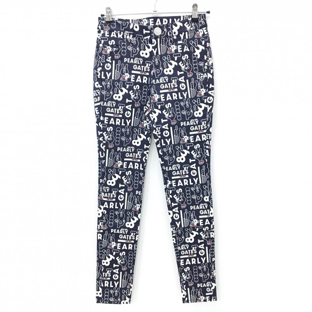 【新品】パーリーゲイツ パンツ ネイビー×白 ロゴ総柄 どうしちゃったPG レディース 0(S) ゴルフウェア PEARLY GATES
