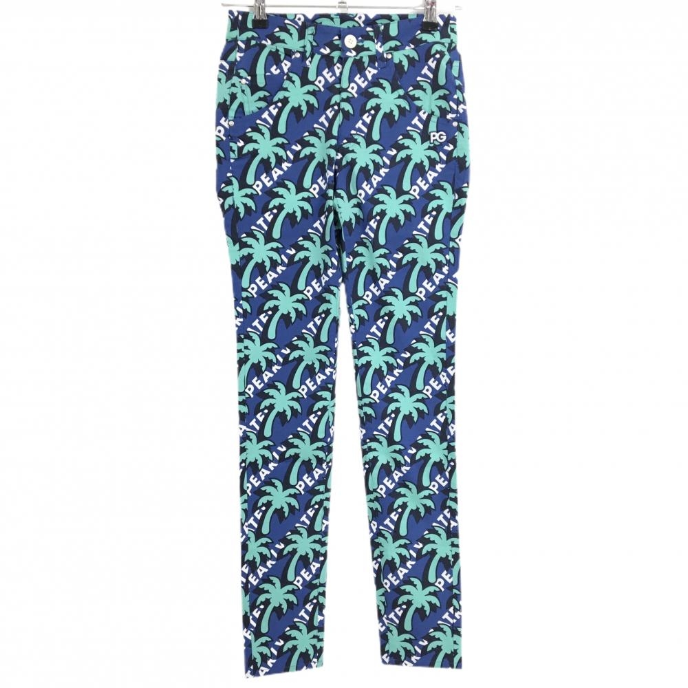 【新品】パーリーゲイツ パンツ ネイビー×エメラルドグリーン ヤシの木柄 ロゴ刺しゅう  レディース 00(XS) ゴルフウェア PEARLY GATES