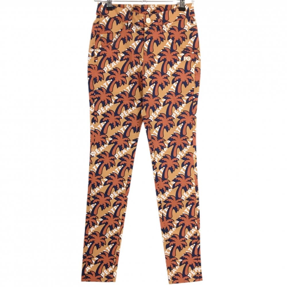 【新品】パーリーゲイツ パンツ ライトオレンジ×オレンジ ヤシの木柄 ロゴ刺しゅう 接触冷感 レディース 1(M) ゴルフウェア PEARLY GATES