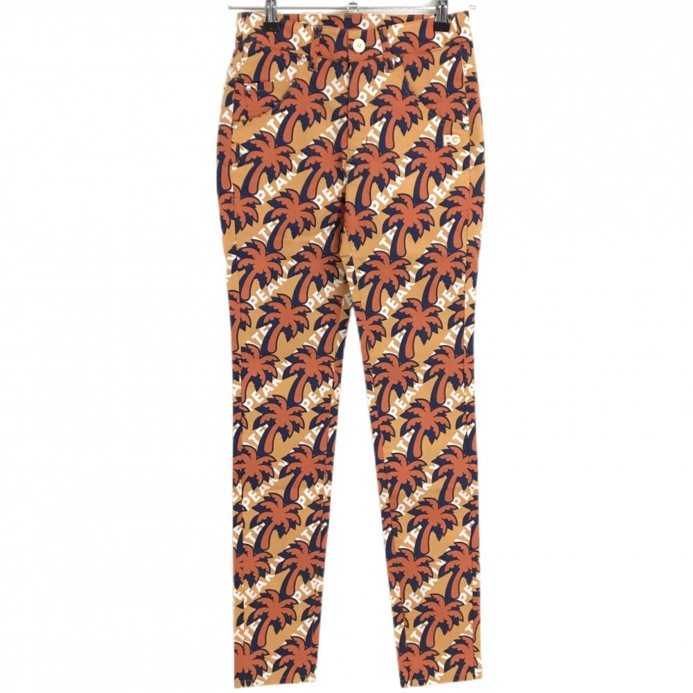 【新品】パーリーゲイツ パンツ ライトオレンジ×オレンジ ヤシの木柄 ロゴ刺しゅう 接触冷感 レディース 1(M) ゴルフウェア PEARLY GATES