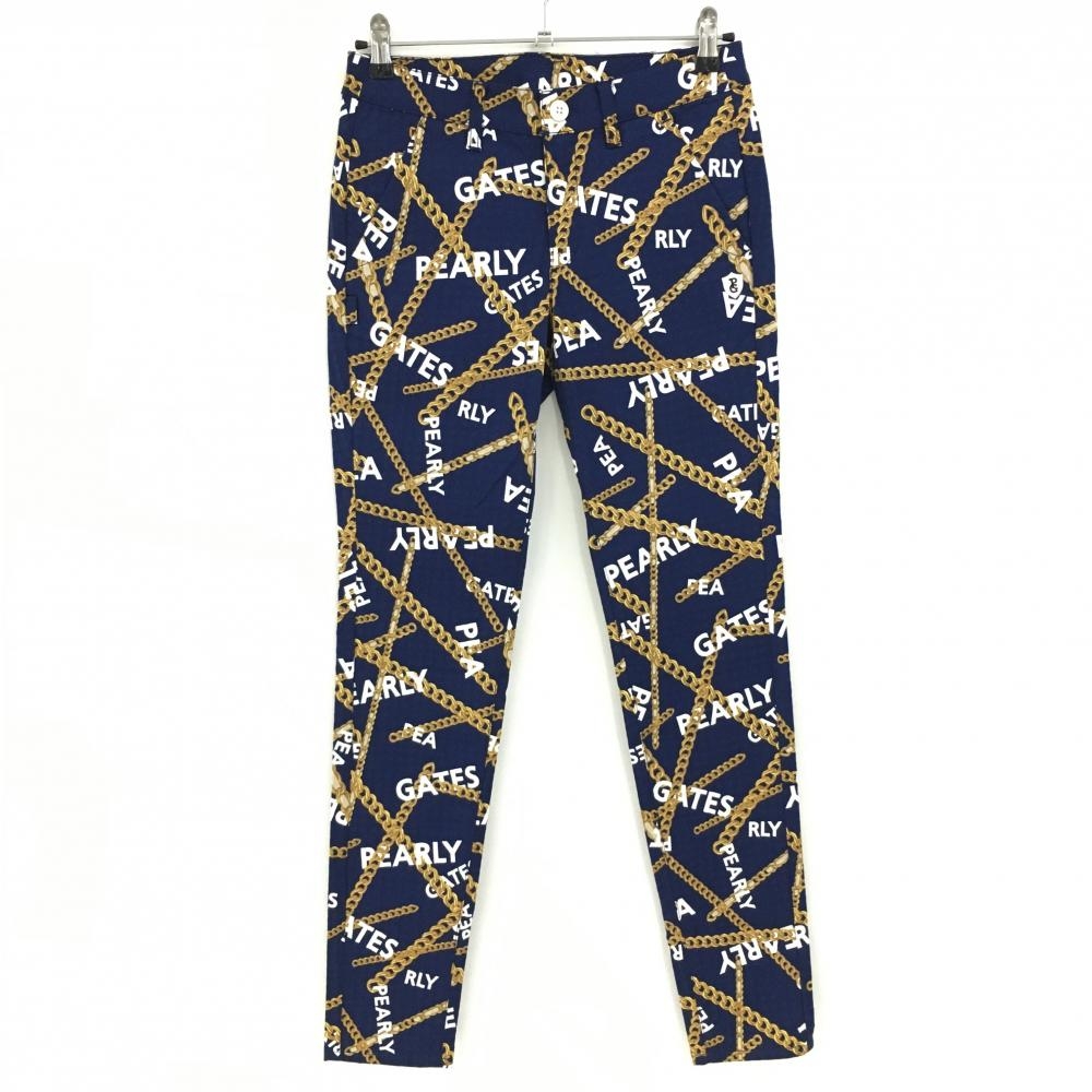 【新品】パーリーゲイツ パンツ ネイビー×ゴールド チェーン柄 織生地 レディース 1(M) ゴルフウェア PEARLY GATES