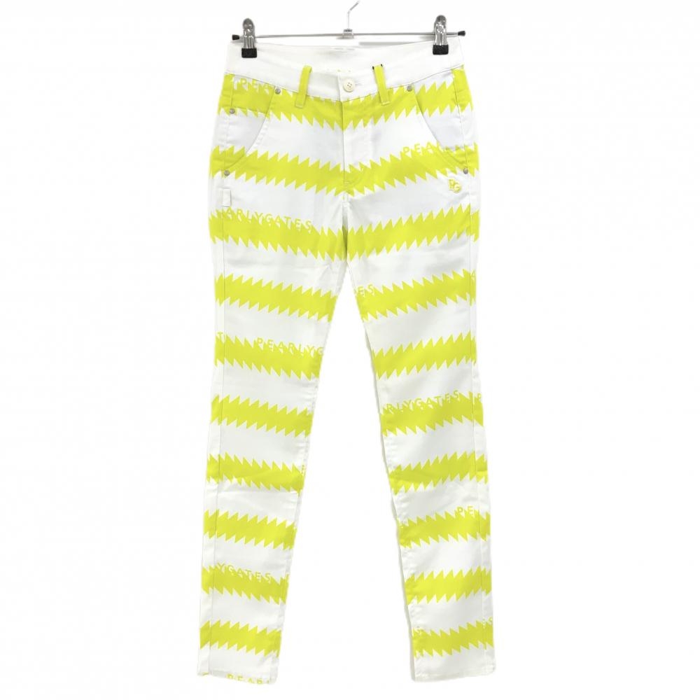 【新品】パーリーゲイツ パンツ 白×イエロー ギザギザボーダー ストレッチ レディース 1(M) ゴルフウェア PEARLY GATES