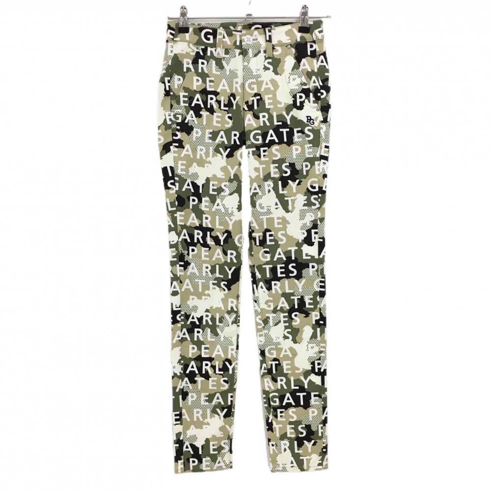 【新品】パーリーゲイツ パンツ カーキ×白 ロゴ総柄 カモフラ調 迷彩 ロゴ刺しゅう レディース 00(XS) ゴルフウェア PEARLY GATES