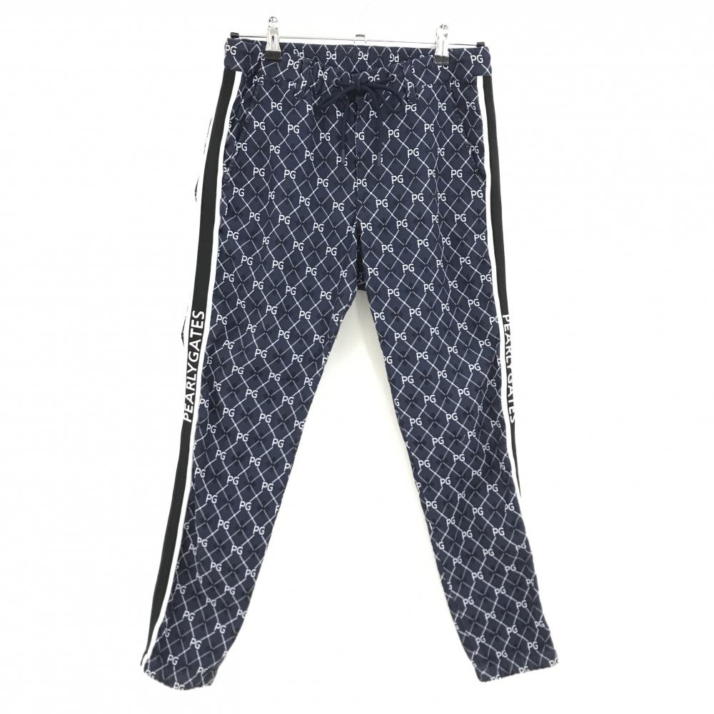 パーリーゲイツ パンツ ネイビー×白 ダイヤ柄 ロゴ総柄 ベルト部ゴム  レディース 1(M) ゴルフウェア PEARLY GATES