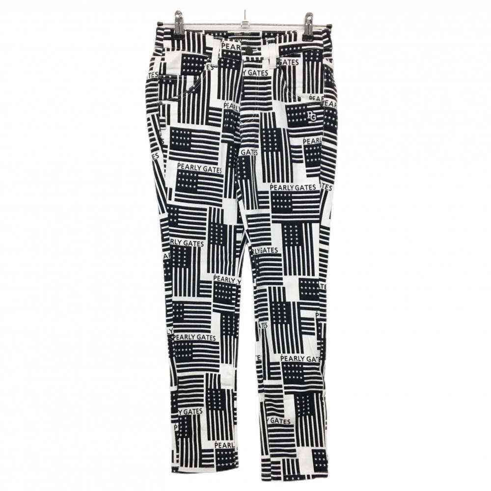 【美品】パーリーゲイツ パンツ 白×ネイビー 星条旗総柄 ストレッチ レディース 00(XS) ゴルフウェア PEARLY GATES