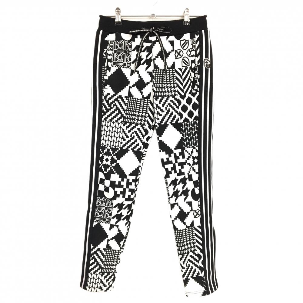 【美品】パーリーゲイツ パンツ 白×黒 総柄 ウエストゴム サイドライン ストレッチ レディース 0(S) ゴルフウェア PEARLY GATES