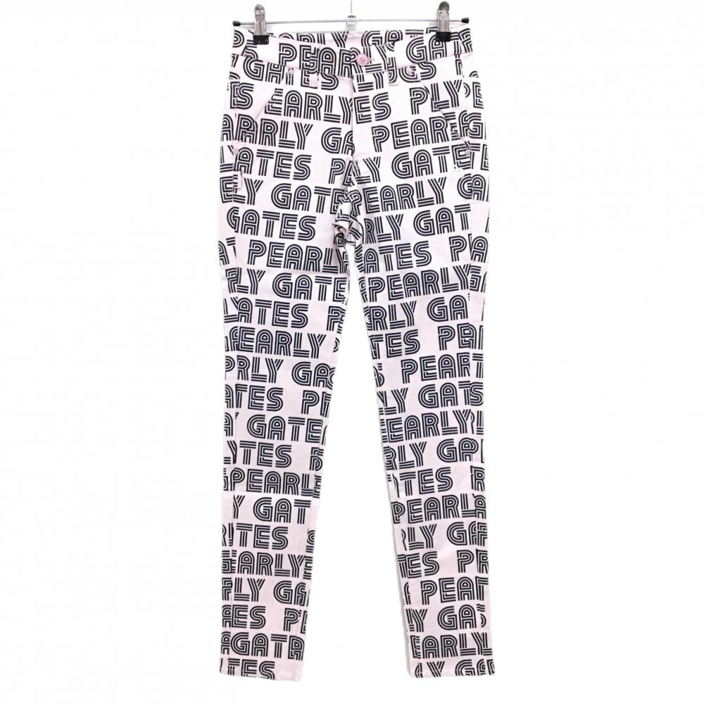 【新品】パーリーゲイツ パンツ ライトピンク×ダークネイビー ロゴ総柄 ボーダー織生地 レディース 0(S) ゴルフウェア PEARLY GATES
