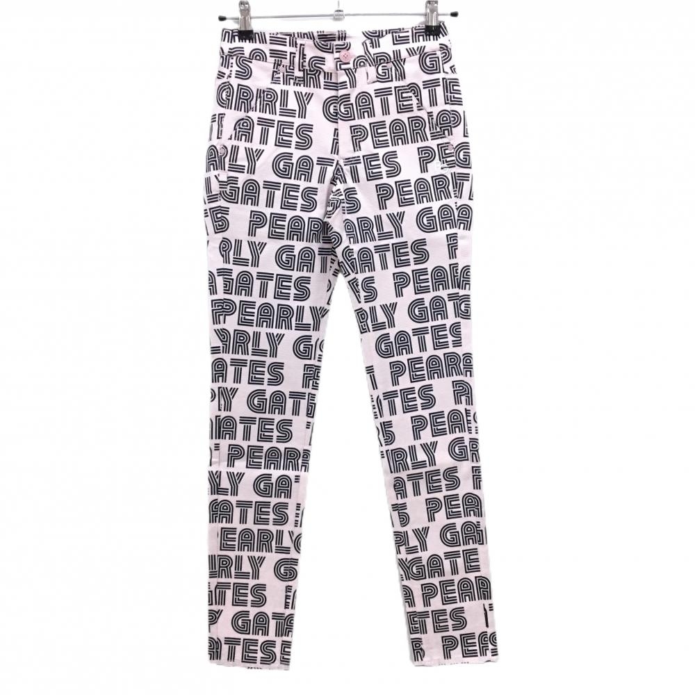 【新品】パーリーゲイツ パンツ ライトピンク×ダークネイビー ロゴ総柄 ボーダー織生地 レディース 00(XS) ゴルフウェア PEARLY GATES