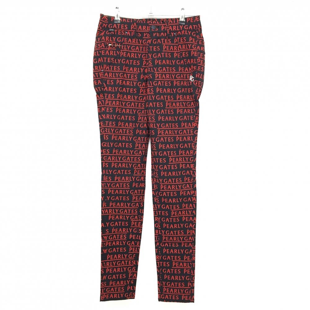 【新品】パーリーゲイツ パンツ 黒×レッド ロゴ総柄 刺しゅう白 レディース 0(S) ゴルフウェア PEARLY GATES