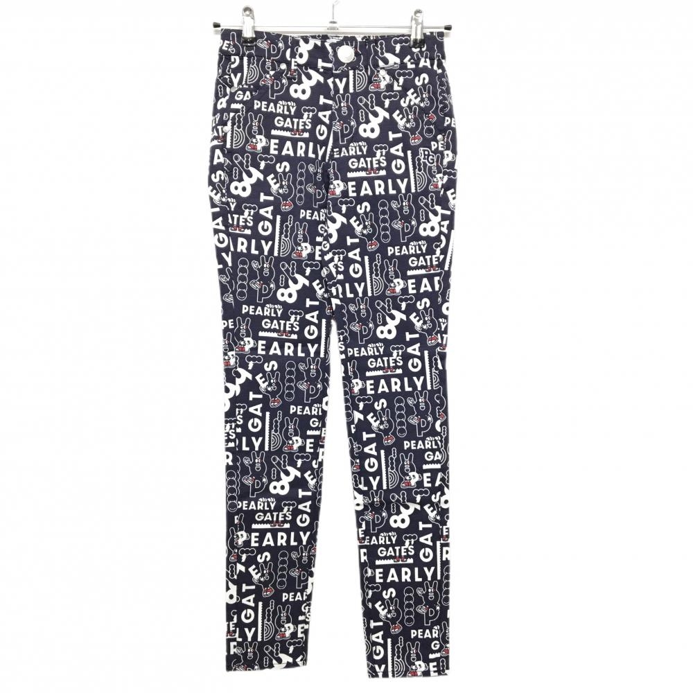 【新品】パーリーゲイツ パンツ ネイビー×白 ロゴ総柄 どうしちゃったPG ボーダー織生地 レディース 00(XS) ゴルフウェア PEARLY GATES