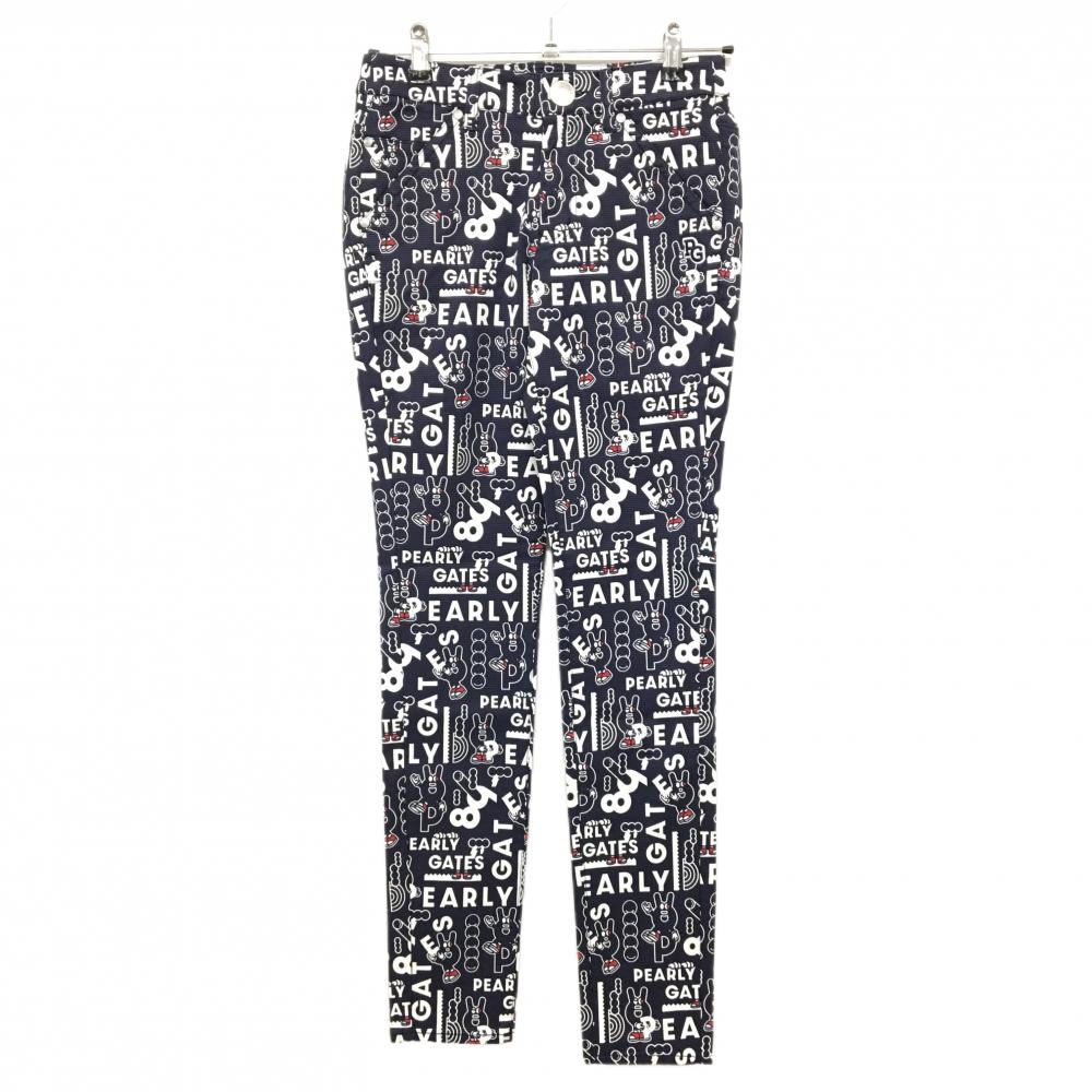 【新品】パーリーゲイツ パンツ ネイビー×白 ロゴ総柄 どうしちゃったPG ボーダー織生地 レディース 0(S) ゴルフウェア PEARLY GATES