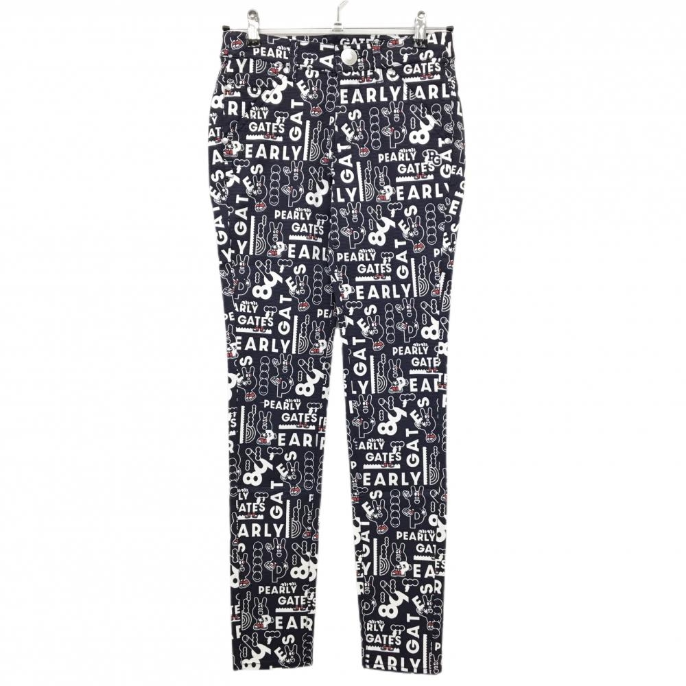 【新品】パーリーゲイツ パンツ ネイビー×白 ロゴ総柄 どうしちゃったPG ボーダー織生地 レディース 0(S) ゴルフウェア PEARLY GATES