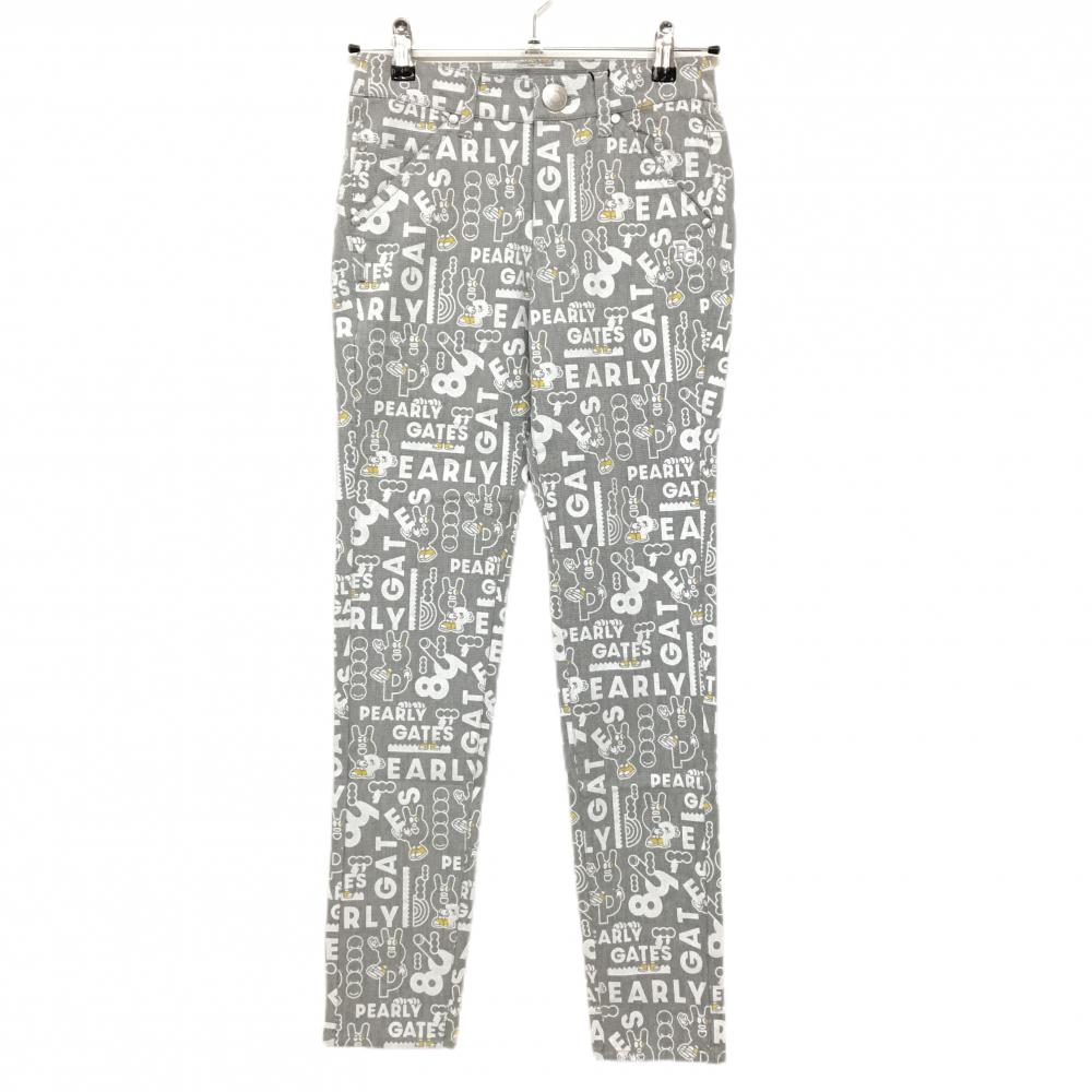 【新品】パーリーゲイツ パンツ グレー×白 ロゴ総柄 どうしちゃったPG ボーダー織生地 レディース 00(XS) ゴルフウェア PEARLY GATES