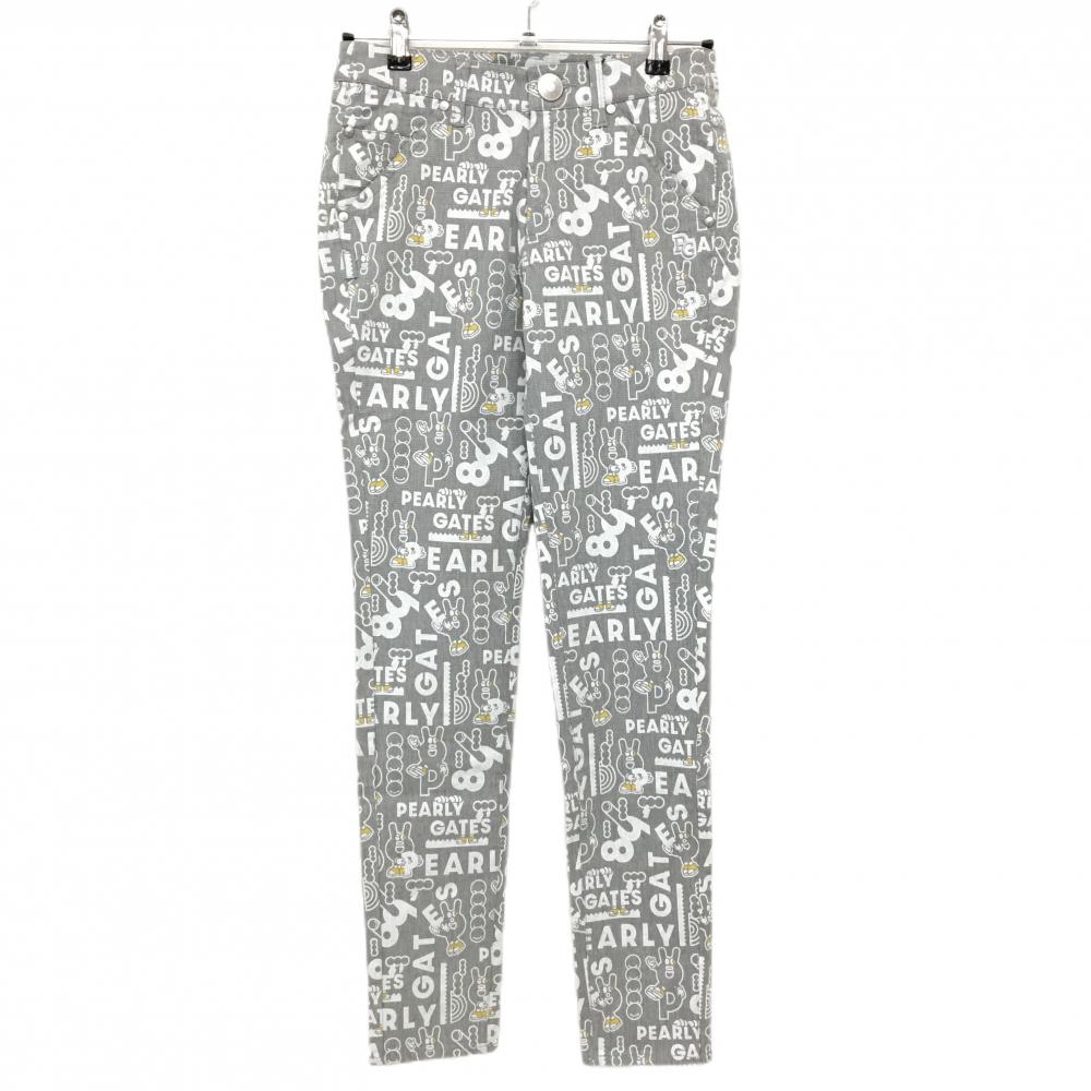 【新品】パーリーゲイツ パンツ グレー×白 ロゴ総柄 どうしちゃったPG ボーダー織生地 レディース 0(S) ゴルフウェア PEARLY GATES