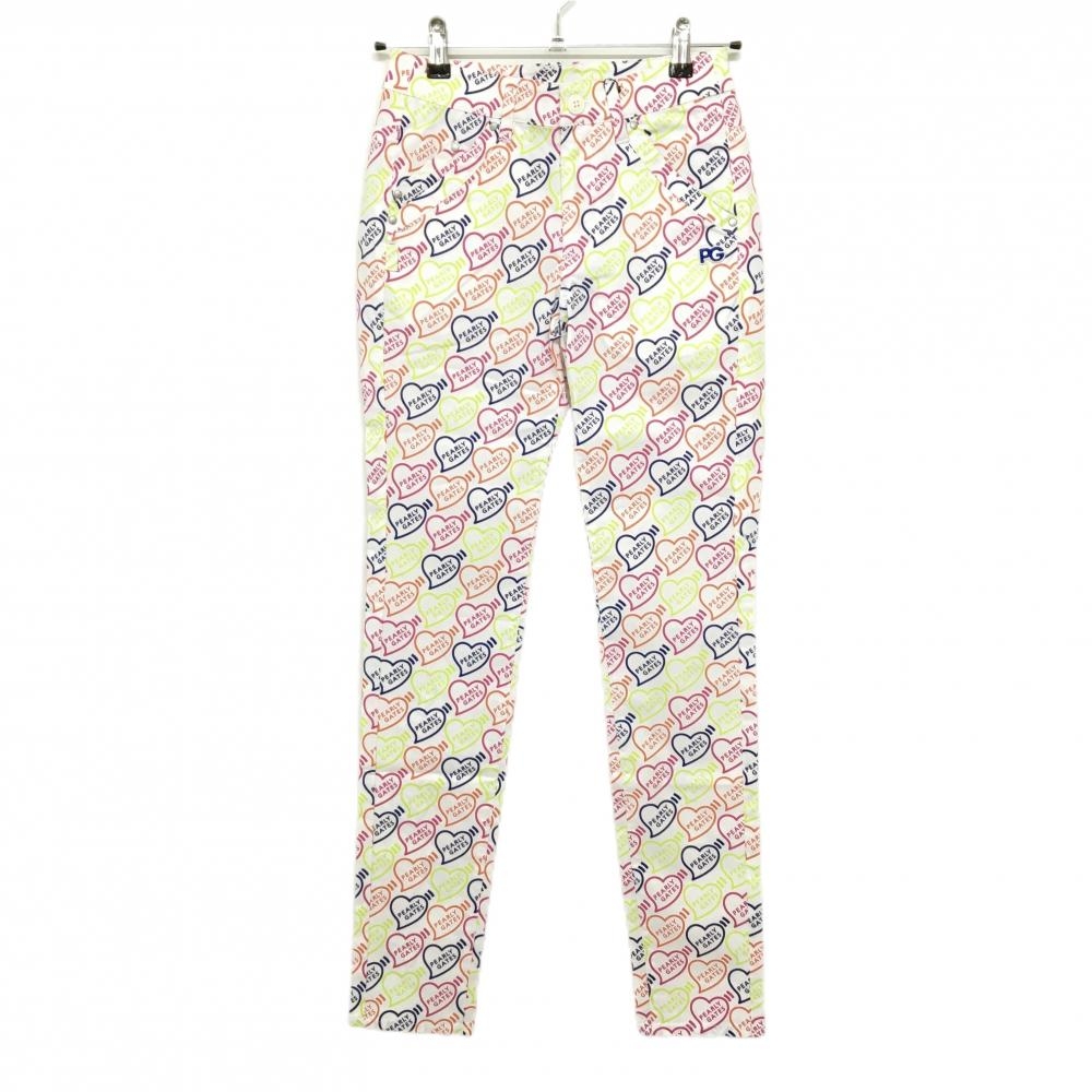 【新品】パーリーゲイツ パンツ 白×マルチカラー ハートロゴ総柄 ストレッチ レディース 00(XS) ゴルフウェア PEARLY GATES