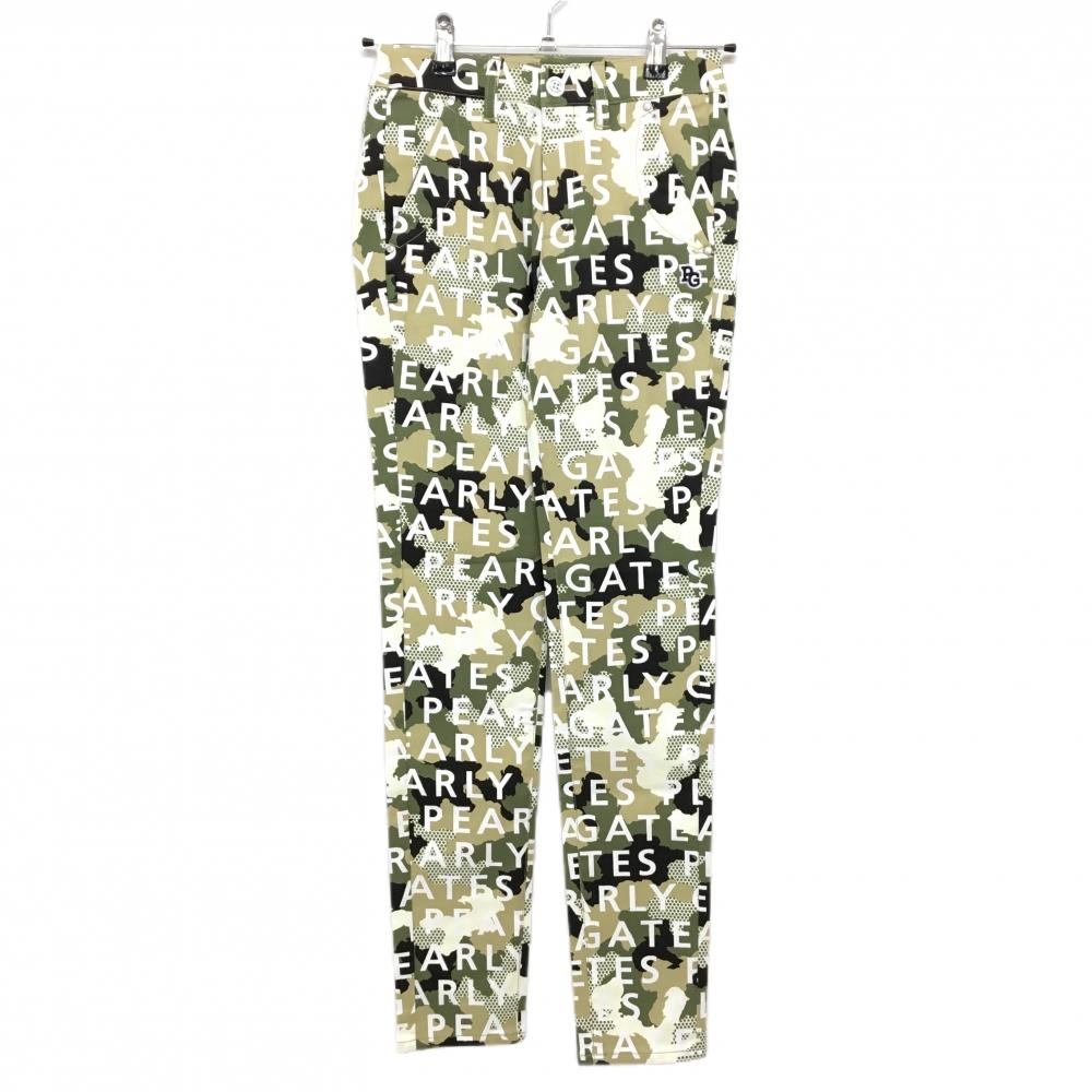 【新品】パーリーゲイツ パンツ カーキ×白 ロゴ総柄 カモフラ調 迷彩 ロゴ刺しゅう レディース 00(XS) ゴルフウェア PEARLY GATES