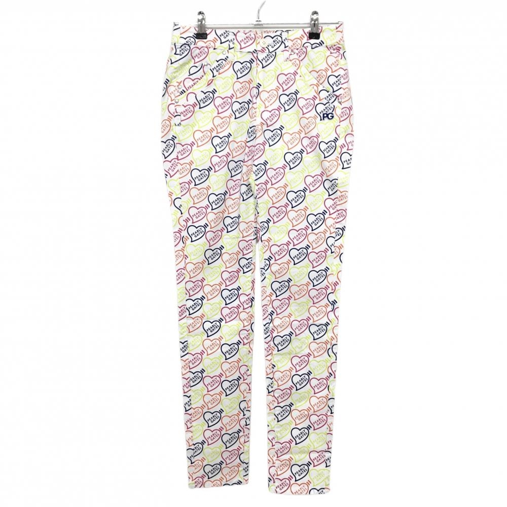 【新品】パーリーゲイツ パンツ 白×マルチカラー ハートロゴ総柄 ストレッチ レディース 0(S) ゴルフウェア PEARLY GATES
