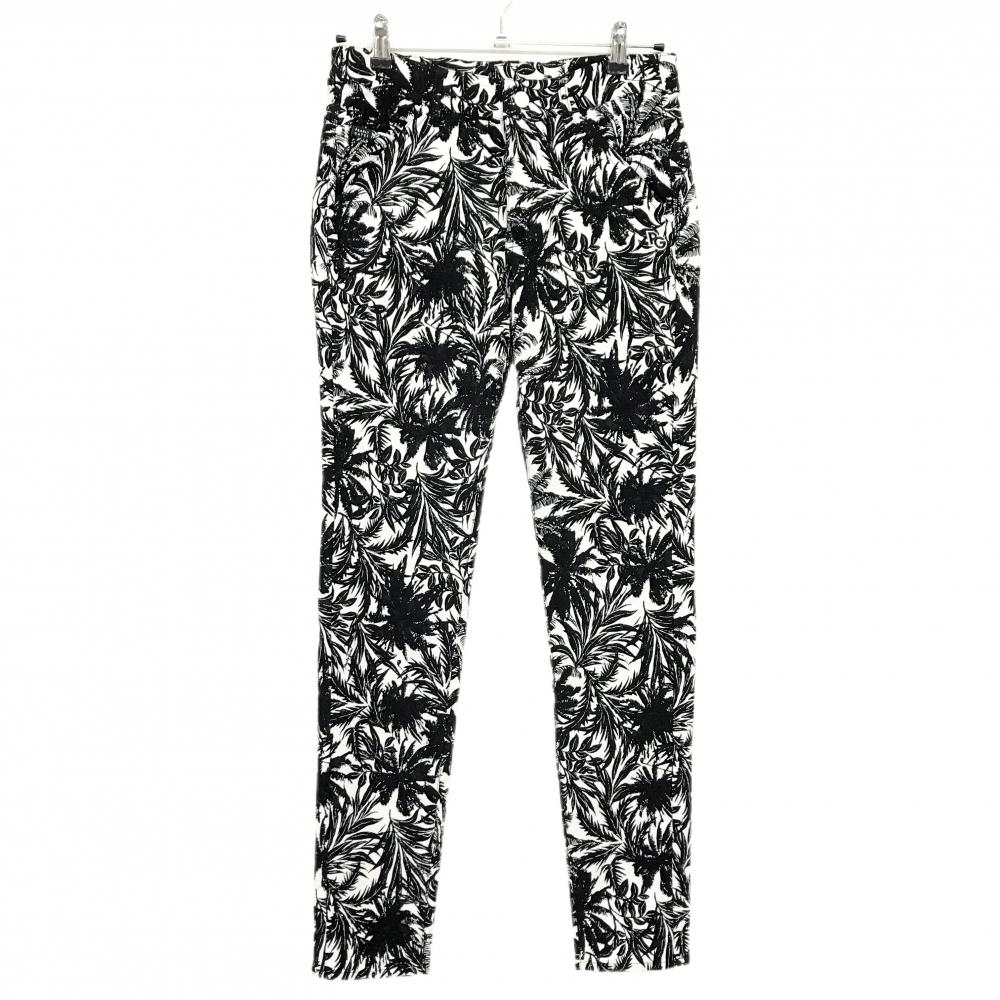 【超美品】パーリーゲイツ パンツ 白×黒 リーフ柄 ストレッチ レディース 1(M) ゴルフウェア PEARLY GATES