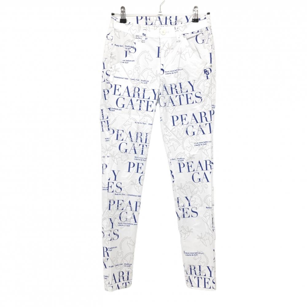 【美品】パーリーゲイツ パンツ 白×ネイビーブルー×グレー 馬総柄 ロゴ総柄 レディース 0(S) ゴルフウェア 2024年モデル PEARLY GATES