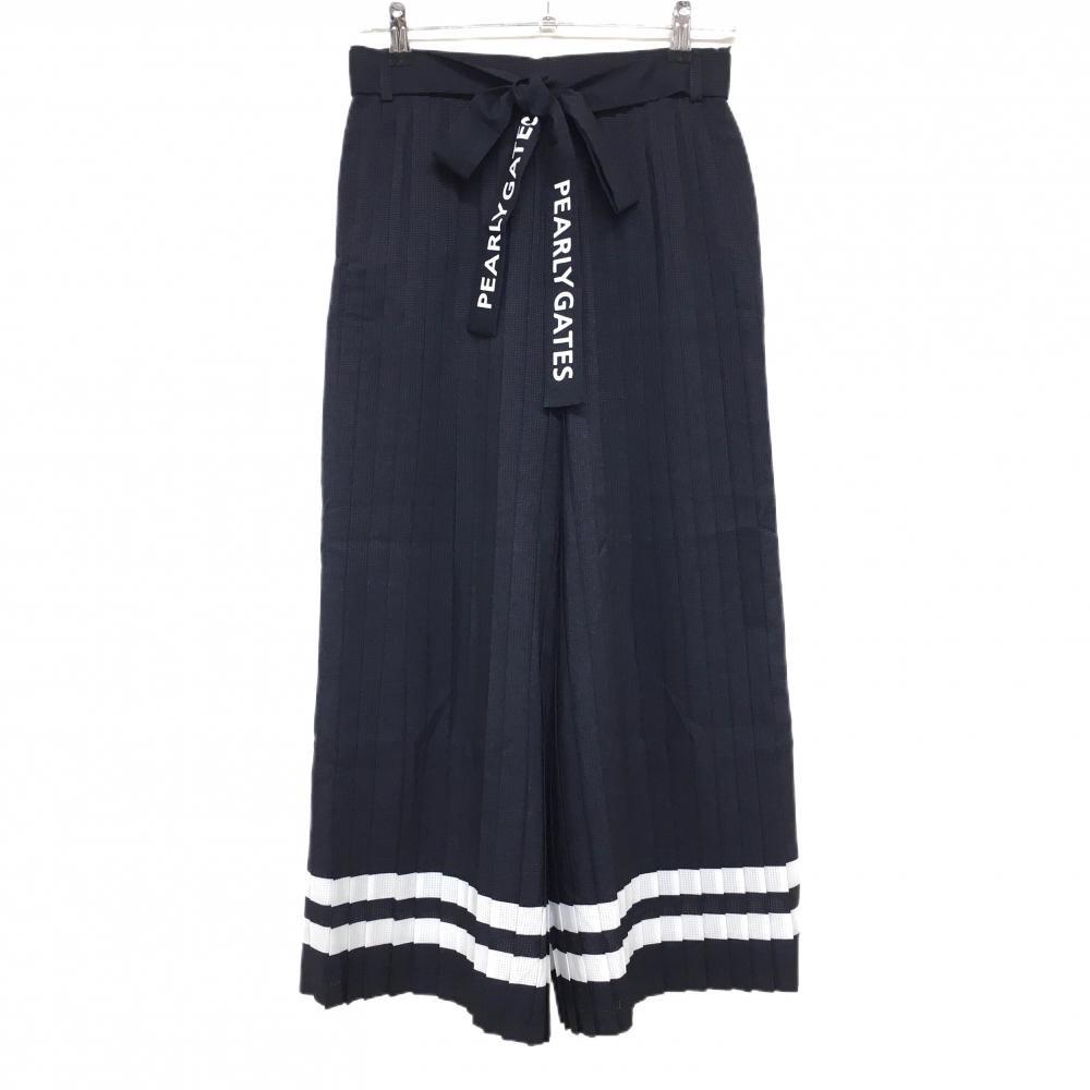 【新品】パーリーゲイツ プリーツワイドパンツ ネイビー×白 メッシュ生地 裏地付き 裾2ライン レディース 0(S) ゴルフウェア PEARLY GATES