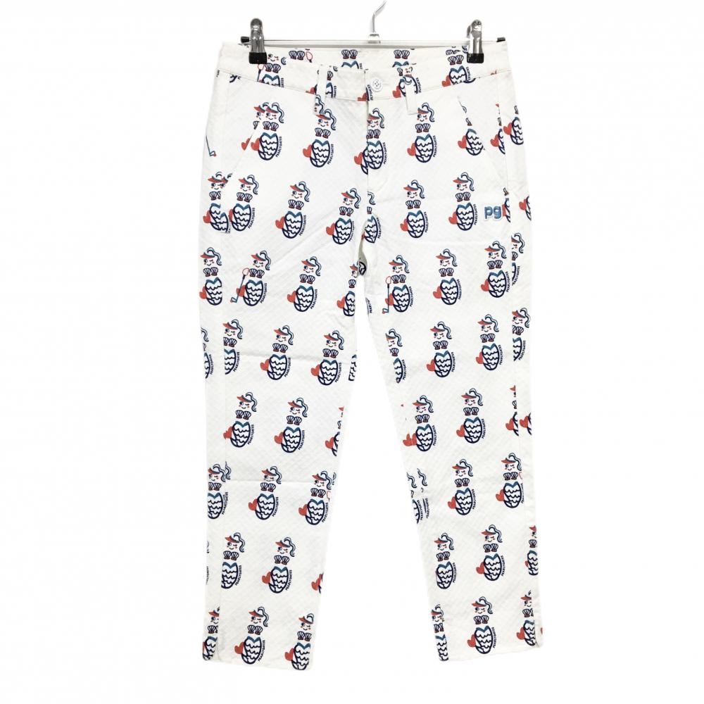 パーリーゲイツ パンツ 白×ネイビー×レッド 総柄 マーメイド 地模様 ストレッチ  レディース 1(M) ゴルフウェア サンプル品 PEARLY GATES