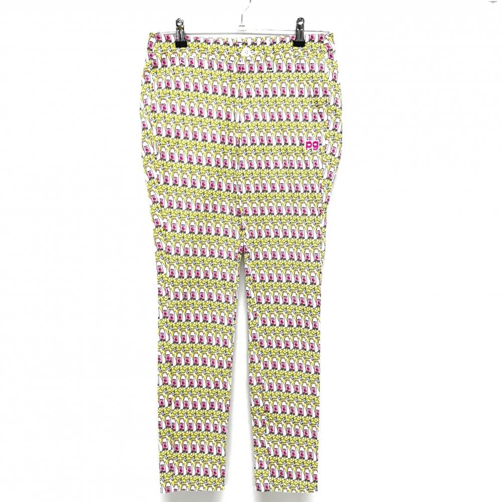 【超美品】パーリーゲイツ パンツ 白×イエロー×ピンク ジュース総柄 コットン混 ストレッチ レディース 0(S) ゴルフウェア PEARLY GATES