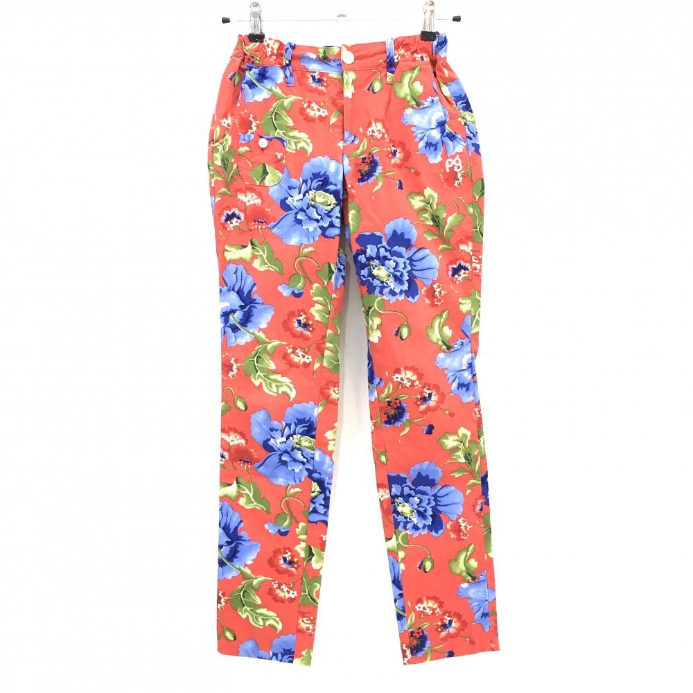 【美品】パーリーゲイツ パンツ レッド×ブルー系×グリーン系 総柄 花 リーフ ウエストゴム レディース 0(S) ゴルフウェア PEARLY GATES