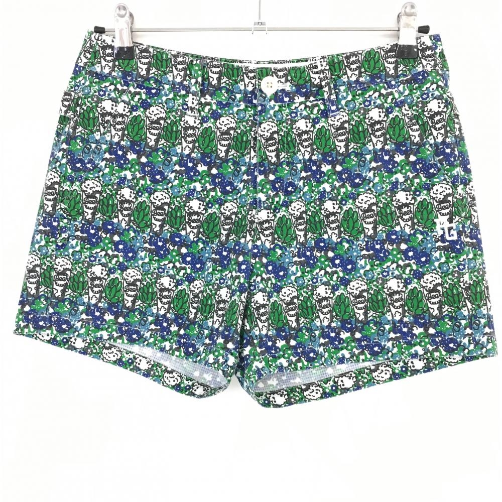 【美品】パーリーゲイツ ショートパンツ ネイビー×グリーン ビール柄×花柄  レディース 1(M) ゴルフウェア PEARLY GATES