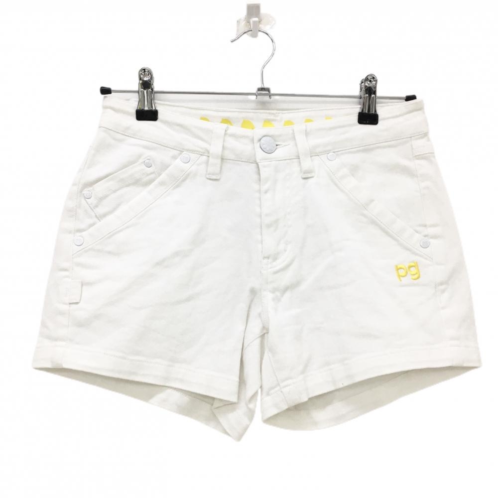 【美品】パーリーゲイツ ショートパンツ 白×イエロー ウエスト裏レモン柄  ロゴ刺しゅう レディース 00 ゴルフウェア PEARLY GATES