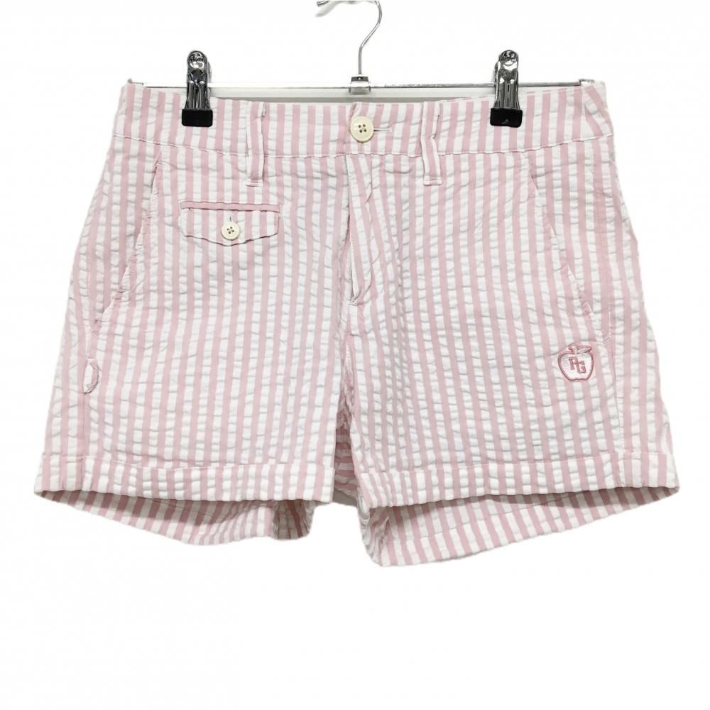 【美品】パーリーゲイツ ショートパンツ ピンク×白 ストライプ サッカー生地風 レディース 0(S) ゴルフウェア PEARLY GATES