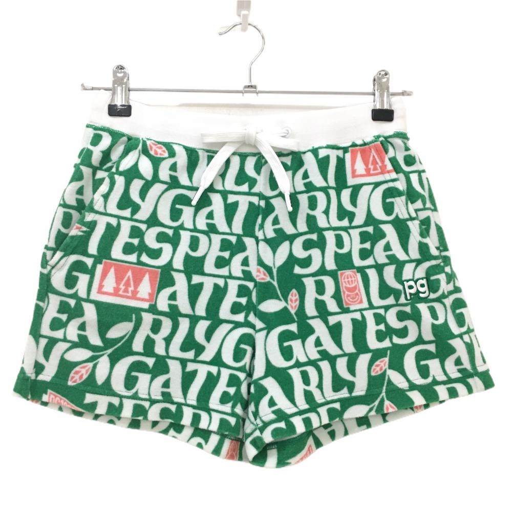 【美品】パーリーゲイツ ショートパンツ グリーン×白 パイル地 ロゴ総柄 レディース 0(S) ゴルフウェア PEARLY GATES