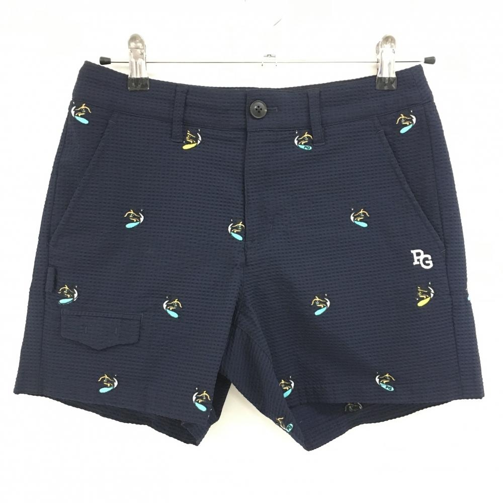 【超美品】パーリーゲイツ ショートパンツ ネイビー サーファー刺しゅう総柄 サッカー調  レディース 0(S) ゴルフウェア PEARLY GATES