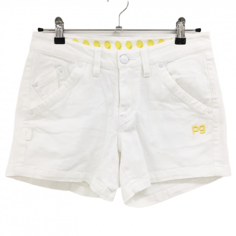 【美品】パーリーゲイツ ショートパンツ 白×イエロー ウエスト内側レモン ストレッチ  レディース 1(M) ゴルフウェア PEARLY GATES