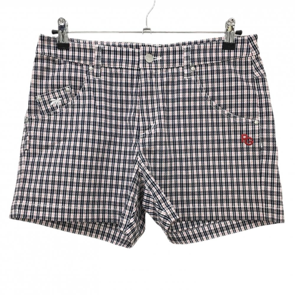 【超美品】パーリーゲイツ ショートパンツ 白×黒 チェック ヤシの木刺しゅう  レディース 2(L) ゴルフウェア 2023年モデル PEARLY GATES