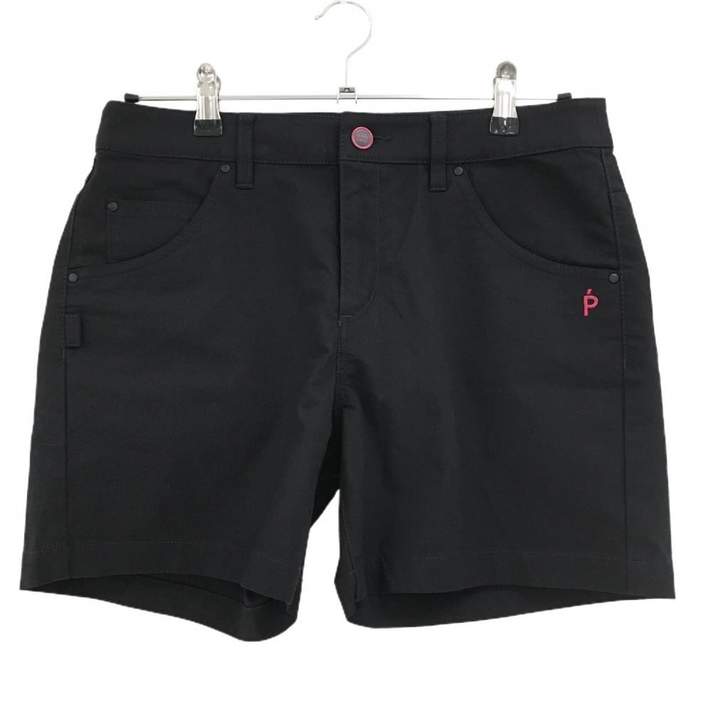 【超美品】パーリーゲイツ ショートパンツ 黒 無地 ロゴピンク レディース 2(L) ゴルフウェア 2023年モデル PEARLY GATES
