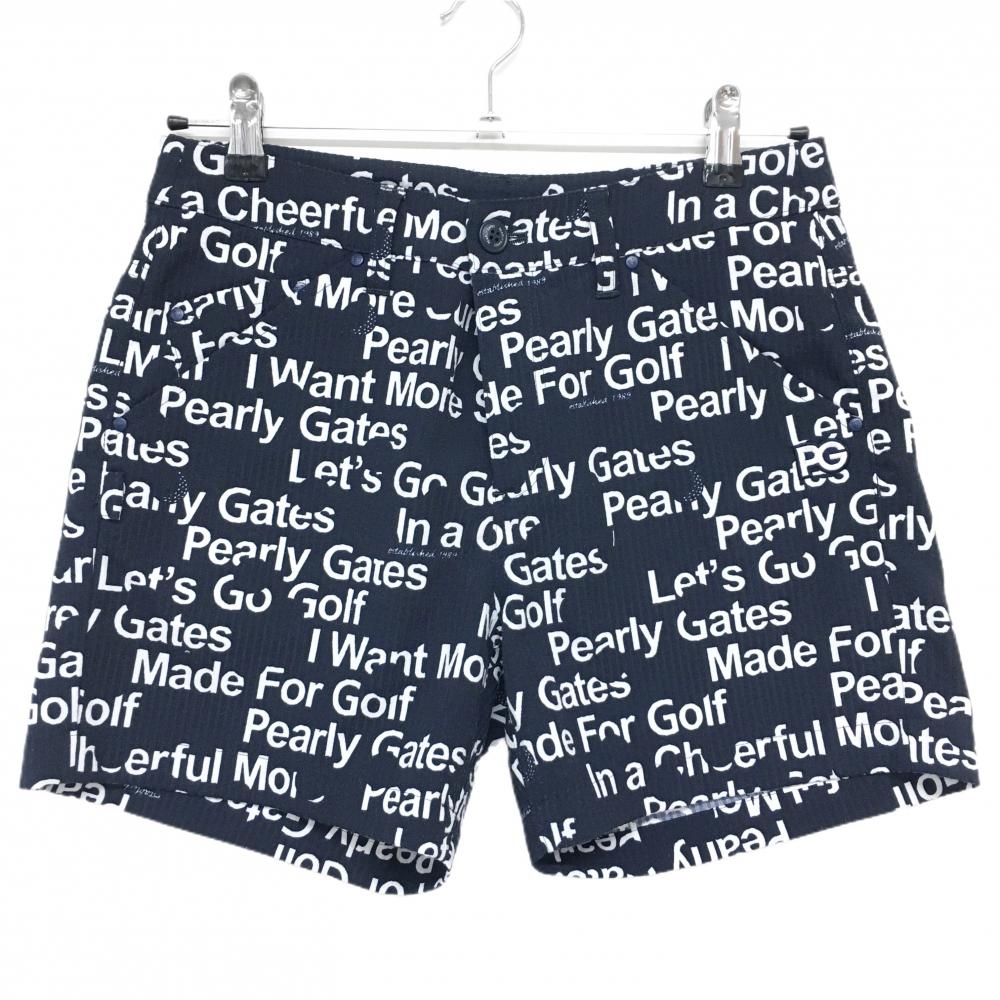 【美品】パーリーゲイツ ショートパンツ ネイビー×白 ロゴ総柄 織生地 レディース 1(M) ゴルフウェア 2024年モデル PEARLY GATES