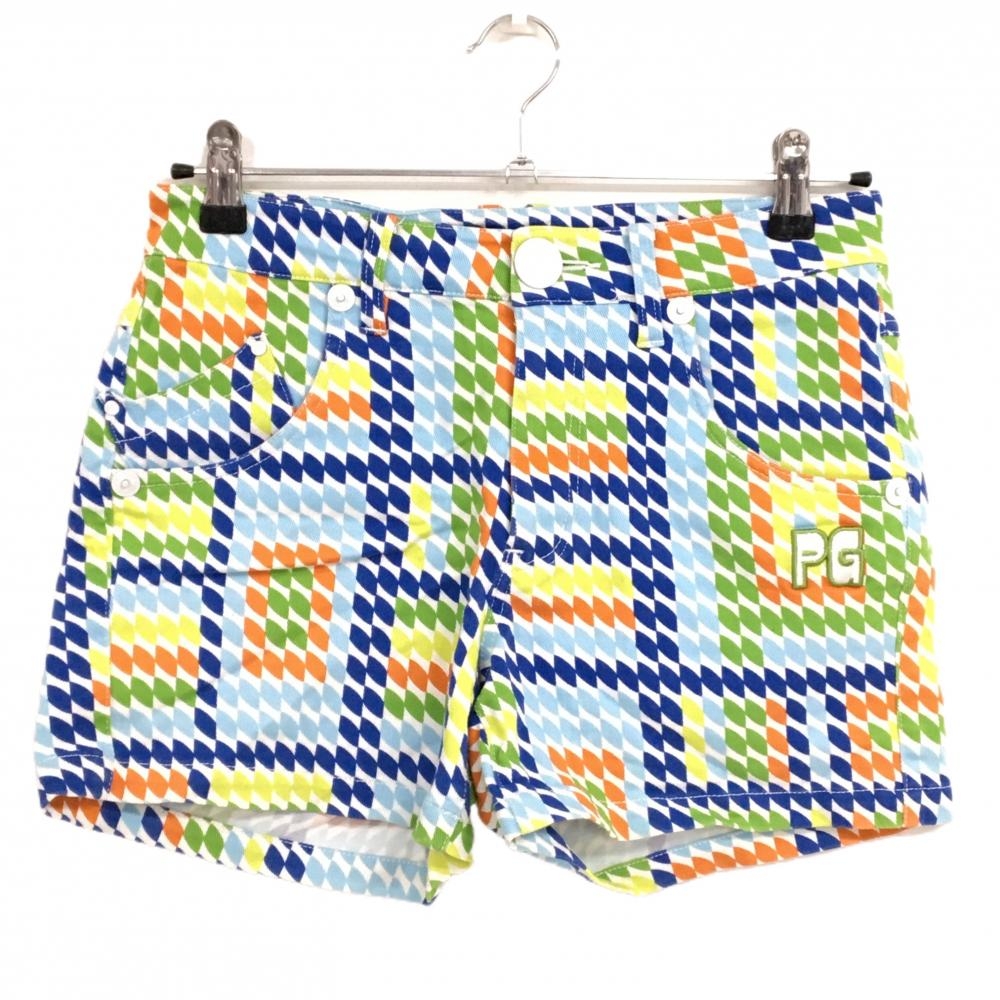 パーリーゲイツ ショートパンツ 白×ブルー系×グリーン系 総柄 ロゴ刺しゅう ストレッチ  レディース 1(M) ゴルフウェア PEARLY GATES