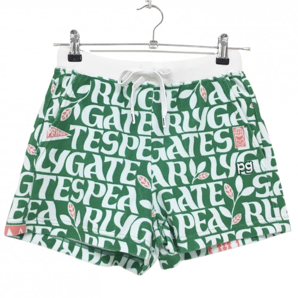 【新品】パーリーゲイツ ショートパンツ グリーン×白 ロゴ総柄 パイル地 ウエストゴム 調節紐 レディース 0(S) ゴルフウェア PEARLY GATES