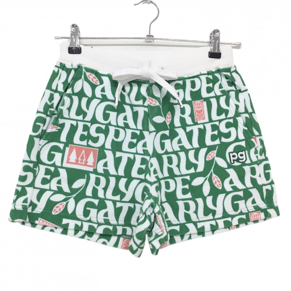 【新品】パーリーゲイツ ショートパンツ グリーン×白 ロゴ総柄 パイル地 ウエストゴム 調節紐 レディース 0(S) ゴルフウェア PEARLY GATES